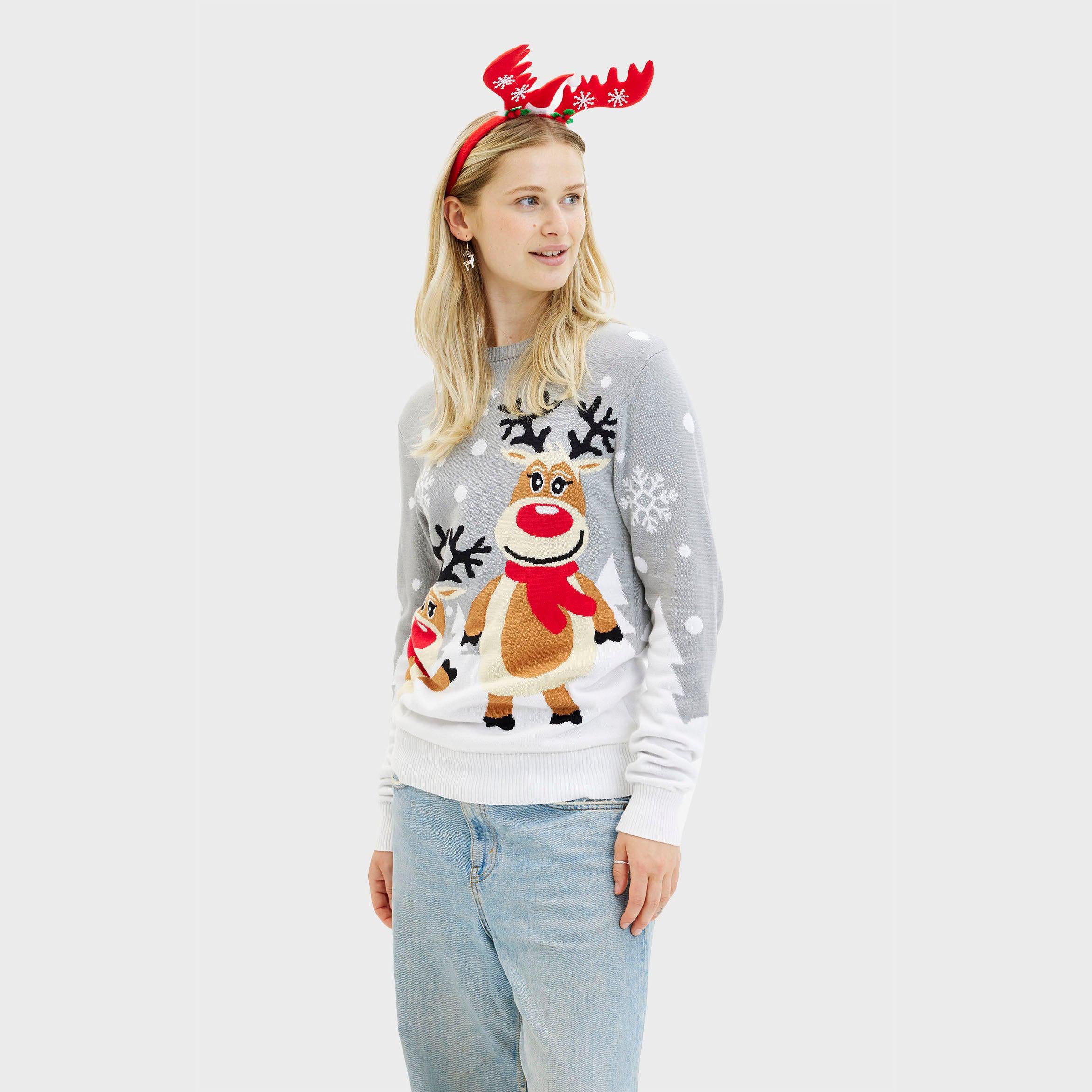 Grauer Weihnachtspullover Damen mit fröhlichem Rentier, aus nachhaltiger Baumwolle, XS-Größe.